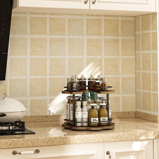 2 Tier Lazy Susan Organizer,2-Tier Spinning Spice Rack with Stable Carousel Base & 4 Height Settings for Cupboard Kitchen Countertop Dining Table Cupboard (Petal Shape) - Image 8