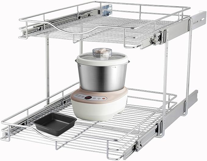 DINDON 2 Tier Pull Out Cabinet Organizer (20" W X 21" D), Double Tier Wire Basket Slide Out Shelf Storage for Kitchen Base Cabinet Organization ​for Kitchen, Pantry, Bathroom, Chrome by DINDON