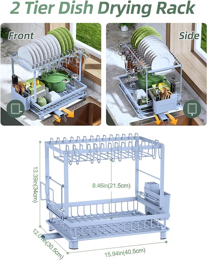 Dish Drying Rack 2-Tier Dish Racks with Drainboard, Rustproof, Space-Saving Dish Rack, Utensil & Cup Holder for Kitchen Counter, Blue - Image 2