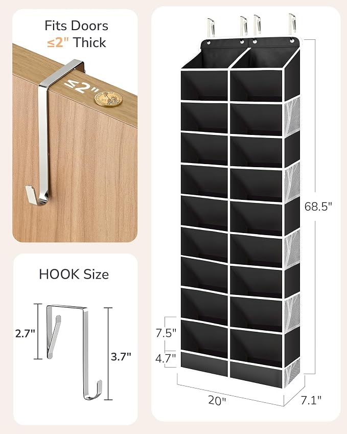 ULG Over The Door Shoe Organizer for Closet Fit 24-32 Pairs with Large Deep Pockets, Narrow Shoe Rack for Door Hanging Boots Storage, Black - Image 2