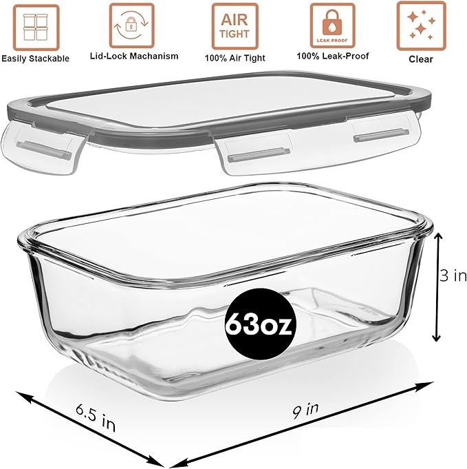 Razab 1860 ml / 8 Cups / 63 Oz 4 Piece + 10 Cups / 80 Oz 4 PC Glass Food Storage Containers with Lids Airtight Leakproof Glass Meal Prep Containers - Image 4