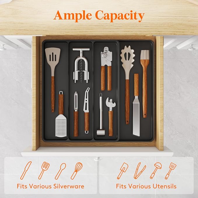 Lifewit Utensil Organizer for Kitchen Drawer, Expandable Cooking Silverware Tray, Adjustable Cutlery Flatware Holder, Plastic Spatula Tools Storage Divider, 17.3 x 15.8", Black - Image 2
