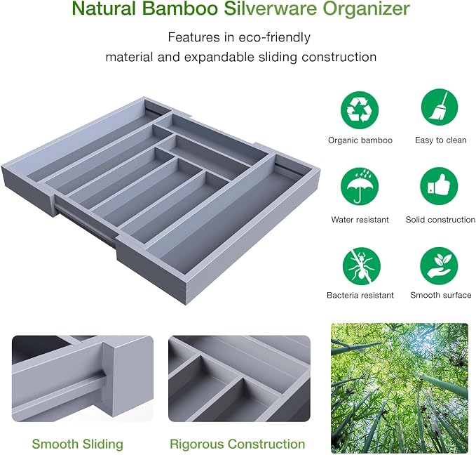 Pipishell Bamboo Expandable Drawer Organizer for Utensils Holder, Adjustable Cutlery Tray, Wood Drawer Dividers Organizer for Silverware, Flatware, Knives in Kitchen, Bedroom, Living Room(Grey) - Image 5