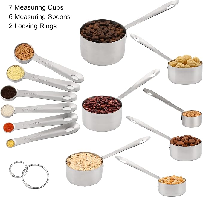 Measuring Cups and Spoons Set, 18/8 Stainless Steel Measuring Cups and Spoons, Metric & US Metal 7 Kitchen Measure Cups & 6 Measuring Spoons, Baking Measuring Tools Set 13 - Image 2