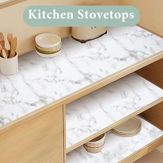 2-Layer Drawer and Shelf Liner for Kitchen Cabinet: 35.4in X 30Ft Non Slip | Waterproof Shelf Paper Non Adhesive Refrigerator Liners White Marble Easy Liners for Bathroom with Knife Tape Measure - Image 5