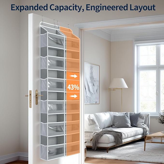 Yecaye 6-Tier Over The Door Organizer Dual-Column of 12 Compartments, College Dorm Essentials with Clear PVC Windows, Heavy Duty Door Organizer Hanging for Bedroom Bathroom Pantry Nursery, Grey 1 Pack - Image 3
