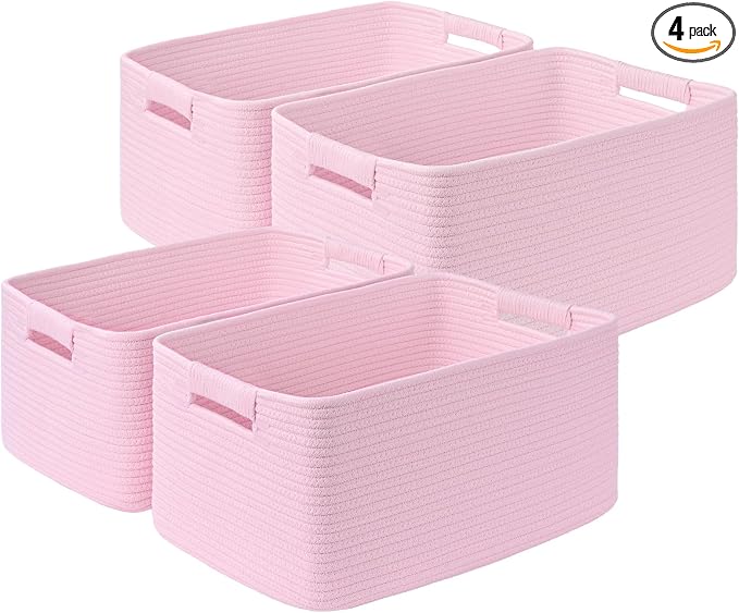 4 Pack Large Storage Basket for Organizing, 17.5"x13"x7" Woven Basket for Shelves, Closet Cube Storage Bins with Wrapped Handle, Cotton Rope Baskets for Kitchen, Clothes, Toys(Light Pink) by Degeyoyo