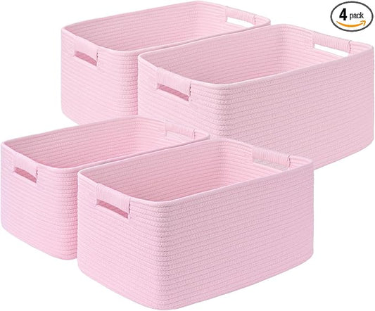 4 Pack Large Storage Basket for Organizing, 17.5"x13"x7" Woven Basket for Shelves, Closet Cube Storage Bins with Wrapped Handle, Cotton Rope Baskets for Kitchen, Clothes, Toys(Light Pink) by Degeyoyo