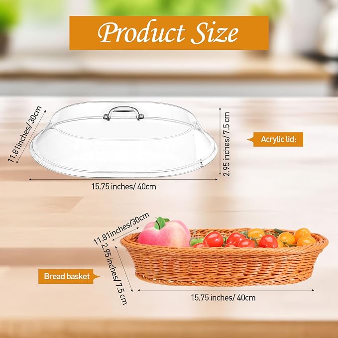 Hushee 2 Set Imitation Rattan Bread Basket with Lid Wicker Bread Baskets for Serving Woven Fruit Basket with Cover Oval Food Baskets for Food Vegetables Display(15.75 x 11.81 Inch) - Image 2