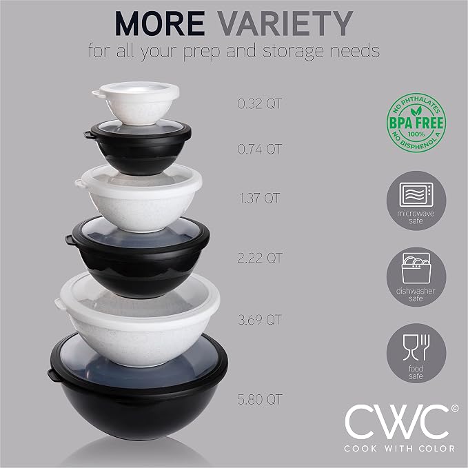 COOK WITH COLOR Mixing Bowls with TPR Lids - 12 Piece Plastic Nesting Bowls Set includes 6 Prep Bowls and 6 Lids, Microwave Safe Mixing Bowl Set (Black and White) - Image 4