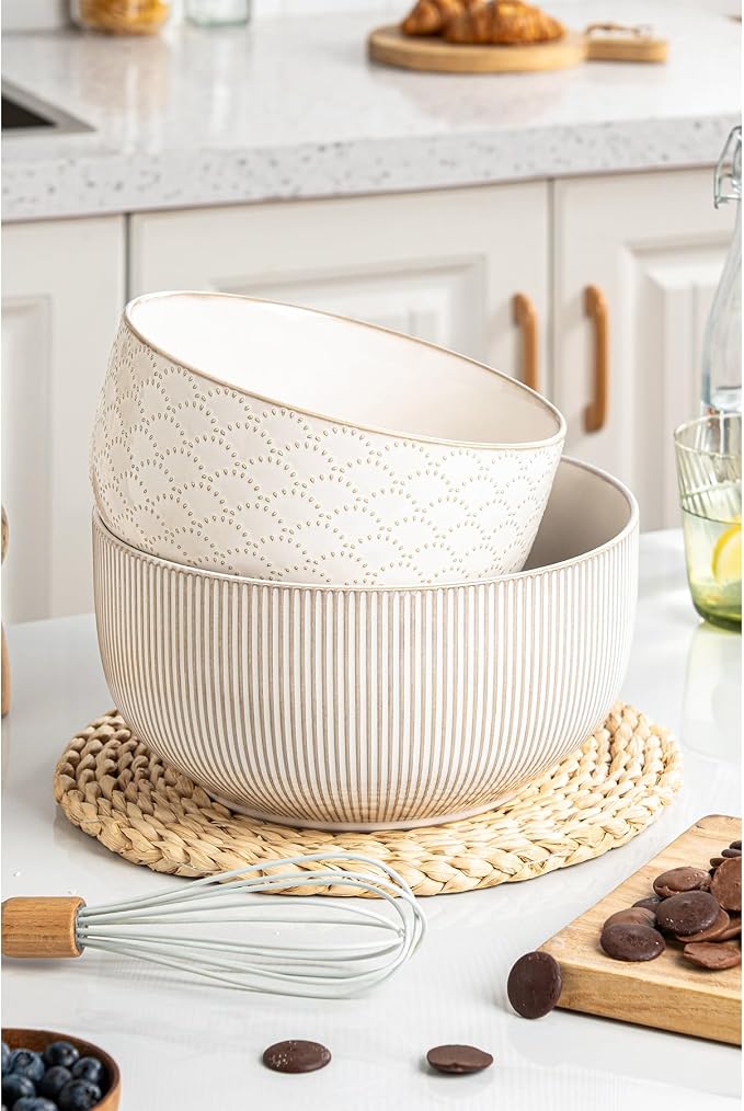 Mikiegy Ceramic Mixing Bowls Set of 2, Nesting Ceramic Embossment Stoneware Mixing Bowls for Cooking, Serving, Popcorn, Salad etc, Microwave & Dishwasher Safe, 98/145 oz, Off-White - Image 6
