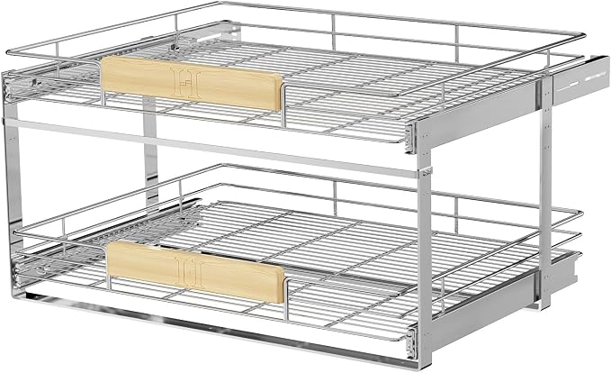 LOVMOR 2 Tier Pull Out Cabinet Organizer 28½" W x 21½" D, Slide Out Drawers with Wooden Handle, Sliding Shelves Organization and Storage for Kitchen, Pantry by LOVMOR