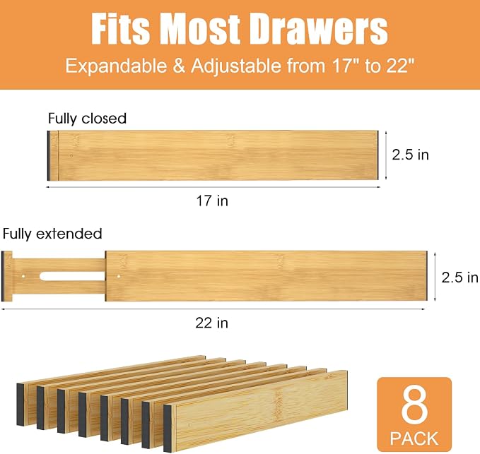 Bamboo Drawer Dividers, Adjustable Drawer Organizers, Fits 17.6–21" Drawers | 2.5" High, 8 Pack Expandable Drawer Separators for Kitchen, Nursery, Dressers & Office Storage, Natural - Image 3
