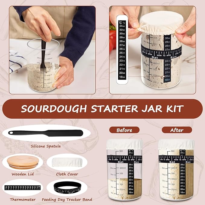 EWFEN Sourdough Starter Kit with Enamel Cast Iron Pot, Complete Sourdough Bread Baking Supplies, Round & Oval Bread Proofing Basket with 34 Oz Starter Jar, Bread Making Tools Kit - Image 5