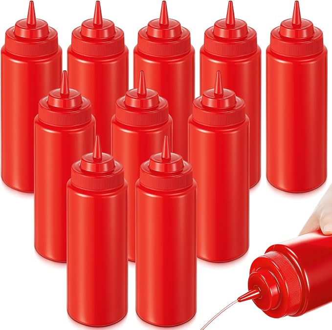 10 Pcs 32 oz Squeeze Bottle Large Plastic Wide Mouth Squeeze Bottles for Condiment Sauces Chocolate Ketchup Mustard BBQ Grill Restaurant (Red) by Unknown