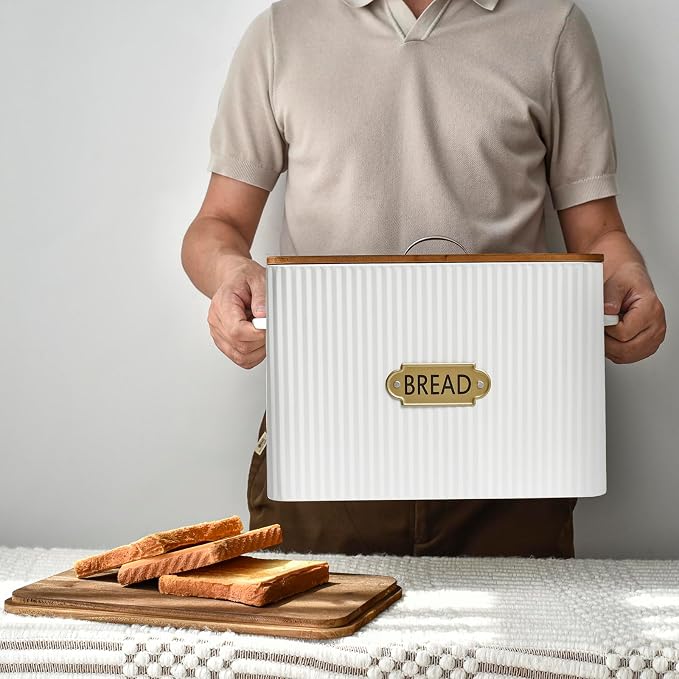 EMAX HOME Vertical Stripes Extra Large Space Saving Farmhouse Bread Box with Wood Lid - Holds 2 Loaves - White Vertical Breadbox Bread Storage Bin Holder for Kitchen Countertop - Image 2
