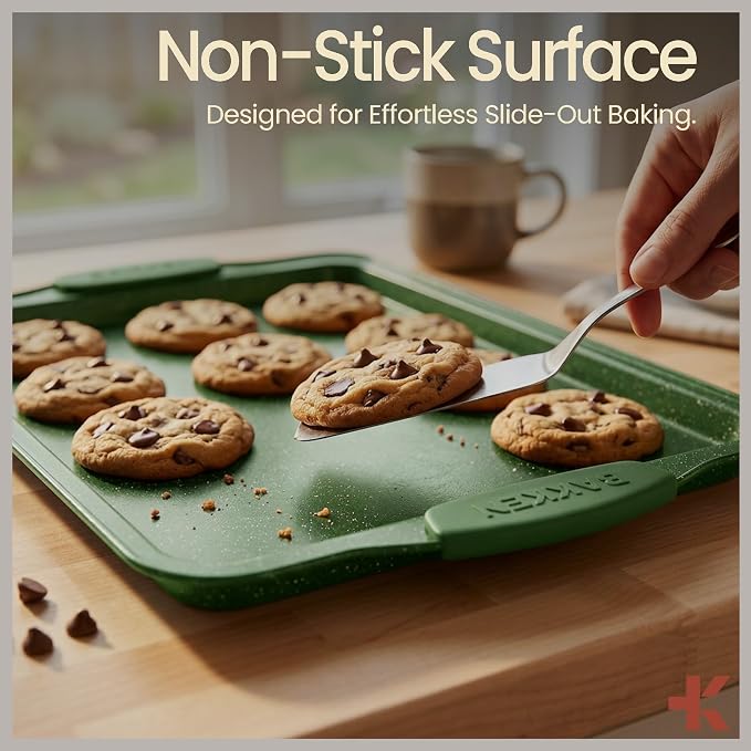 BAKKEN Kitchen Baking Pan Set - Nonstick Green Marble Coating, Carbon Steel Bakeware Sets with Green Silicone Handles, Kitchen Essentials, PFOA, PFOS, PTFE Free, Oven Safe (Up To 450° F), Set of 6 - Image 5