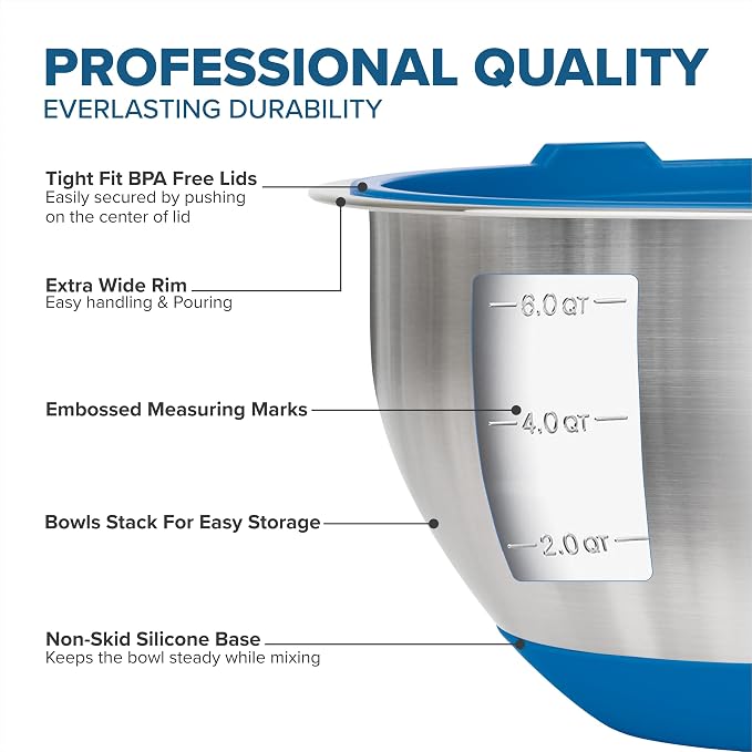 Viking Mixing Bowls Set, 10 Piece Stainless Steel Kitchen Cookware, Non-Slip Silicone Base, Includes Tight Fit Lids, Dishwasher Safe, Blue - Image 3
