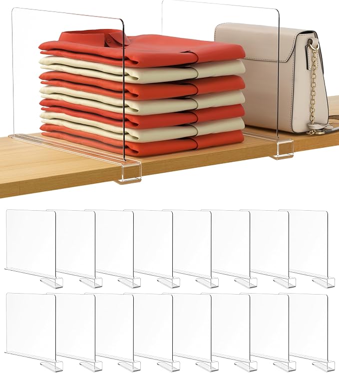 HBlife 16 Pack Clear Shelf Dividers, Vertical Purse Organizer for Closet Perfect for Sweater, Shirts, Handbags in Bedroom and Kitchen, Adjustable Acrylic Bookshelf for Organization by HBlife