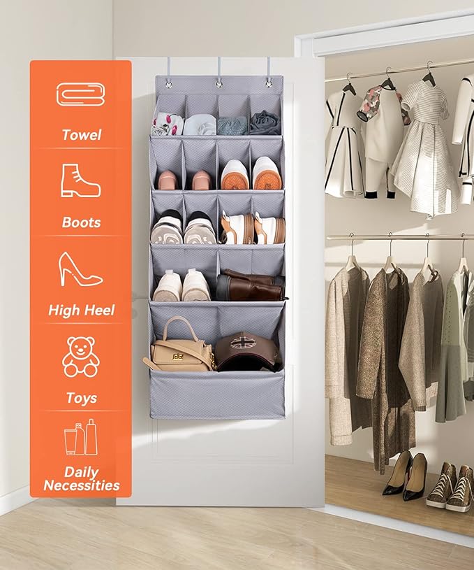 FENTEC 1 Pack Over-the-Door-Shoe-Organizers,Hanging Organizers with Large Pocket Shoe Holder Hanging Shoe Rack for Closet Shoe Organizer for Wall, Over Door Organizer with 15 Pockets Gray - Image 2