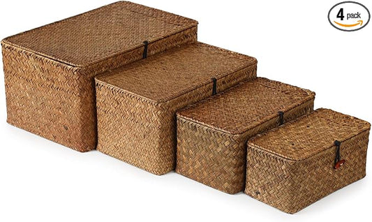 4 Pack, Wicker Baskets with Lids, Natural Seagrass Storage Baskets, Woven Rectangular Basket Bins, Rattan Storage Organizer for Shelf (Coffee, Set of 4) by YANGQIHOME