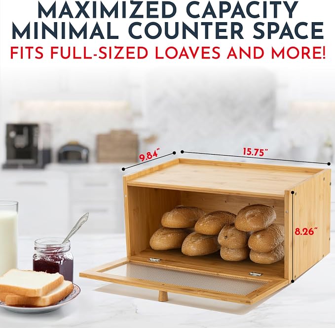 Large Bamboo Bread Box for Kitchen Countertop Acrylic Window, Extra Storage | Bread Box for Homemade Bread with Large Storage Capacity, Acrylic Window and Extra Top Storage - Image 3