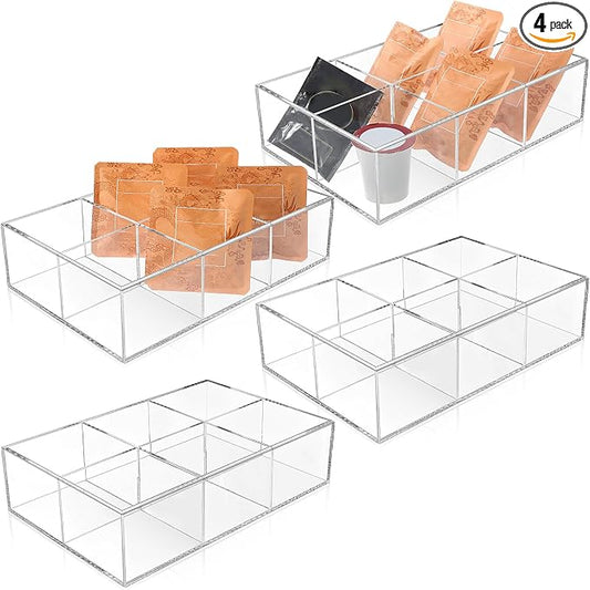 Maitys 4 Pcs Acrylic Tea Bag Organizer Divided Storage with 6 Compartments Clear Acrylic Stash Box Condiment Holder Pantry Organizer for Snacks Coffee Sugar Tea Bar Accessories by Maitys