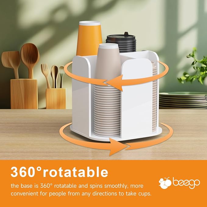 Beego Rotatable 4-Compartment White Acrylic Cup Dispenser - Coffee Station Cup and Lid Carousel Countertop Plastic Cup Holder for Restaurant Breakroom Coffee Bar - Image 7