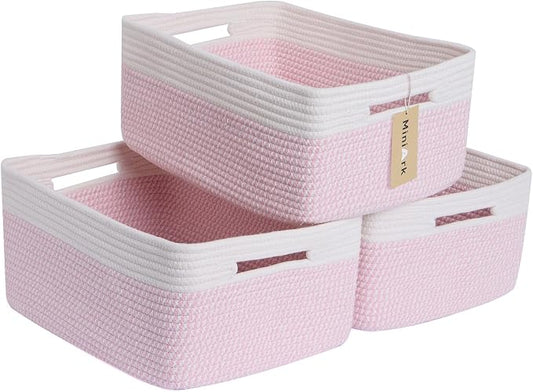MiniArk Large Storage Baskets for Shelves, 17 x 13 x 7.5” Closet Organizers Bins for Clothes Blanket Towels, Baby Nursery, Toy Baskets Box, Woven Rope Baskets, 3 Packs Woven Pink by MiniArkStorageBasketsHome