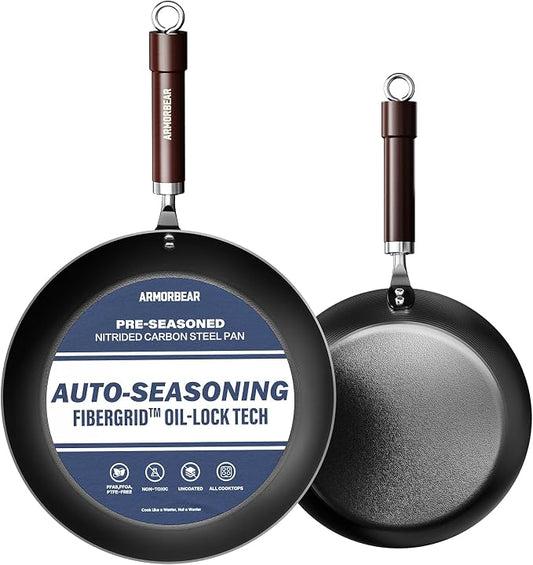 2-Piece Auto-Seasoning Carbon Steel Pan Set 10 & 12 Inch, Deep Nitrided Skillets Professional Cookware Bundle, Pre-seasoned, Wooden Handle, PFAS & PFOA-Free by Unknown