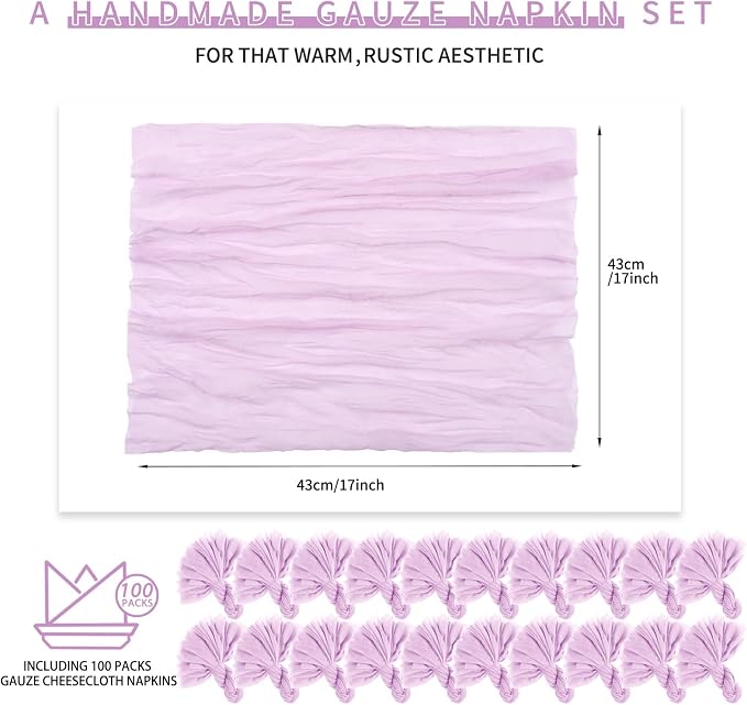 100 Pieces Cloth Napkins Lilac Dinner Cheesecloth Napkins for Wedding,Wrinkled Cloth Napkins Bulk for Home Party Rustic Table Decoration, 17 x 17 Inch - Image 2