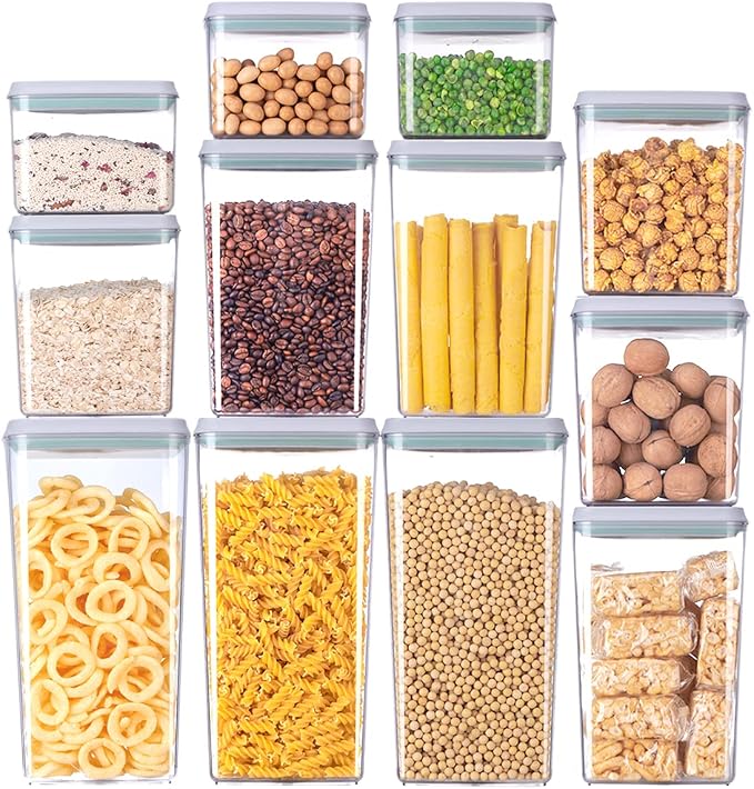 12 Pcs Pop Airtight Food Storage Containers with Lids for Kitchen Pantry Organization Stackable Cereal Snacks Flour Sugar Coffee Spaghetti (1.2, 2.0, 2.7, 3.3qt)*3 by EQI