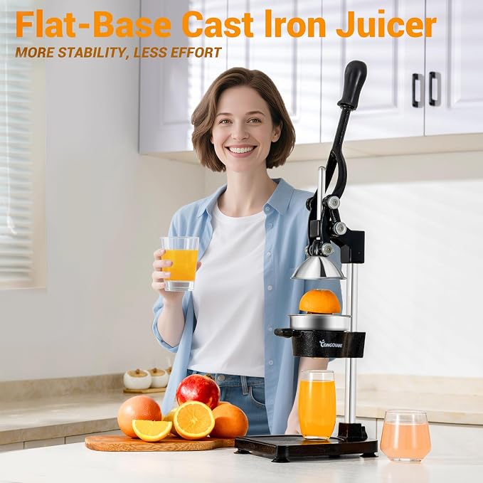TONGCHANT Cast Iron Manual Juicer for Orange Lemon & Pomegranate, 17" Tall | Heavy Duty Orange Juicer Squeezer, Citrus Press, Hand Press Juicer, Stainless Steel Cup, Easy to Clean, Black - Image 2