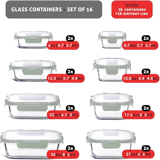 EATEX 32pc Glass Storage Containers with Lids, 16 Glass Food Storage Containers with 16 Airtight Lids for Pantry & Kitchen, Meal Prep Containers for Lunch, Oven Freezer Microwave & Dishwasher Safe - Image 2