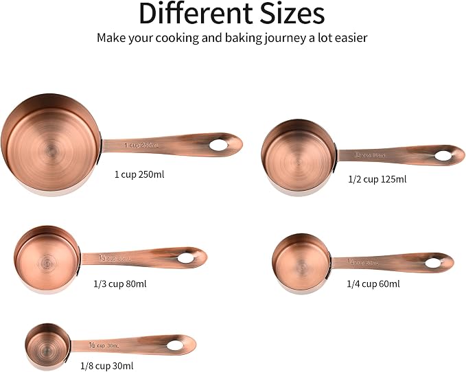 Measuring Cups and Spoons Set, Copper Measuring Cups and Spoons Set for Kitchen & Baking, Stainless Steel 5 Measure Cups & 6 Spoons for Drying&Liquid, US & Metric Measuing Tool - Image 4