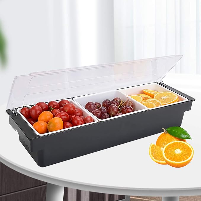 Commercial 3 Compartment Condiment Dispenser, 3 Tray Fruit, Veggie, Condiment Caddy with Lid Topping Organizer for Nacho & Taco Bars, Ice Cream, Fruit, Salad Bar Suitable in Commercial or Family - Image 2