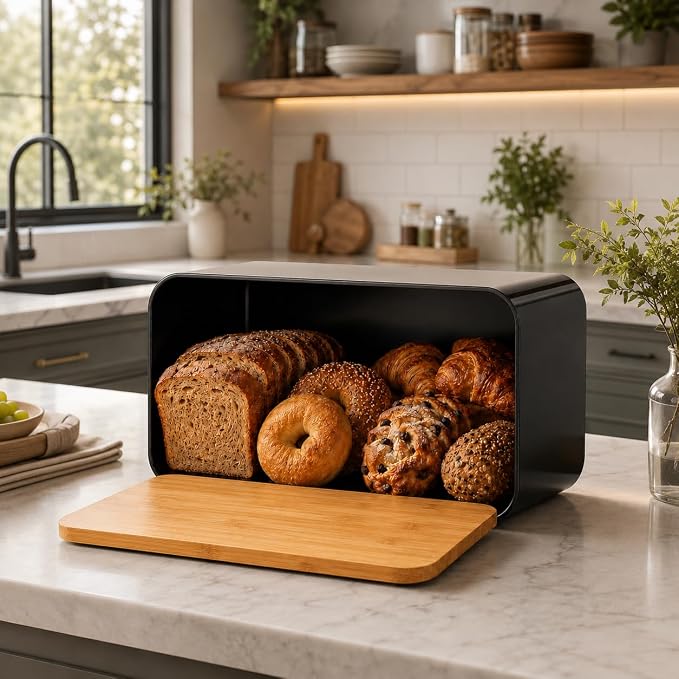 Bread Box, Black Metal Bread Storage Container with Bamboo Lid Usable as Cutting Board, Large Breadbox Holder for Kitchen Countertop, Bread Keeper for Loaves, Bagels, Pastries and Rolls by Unknown