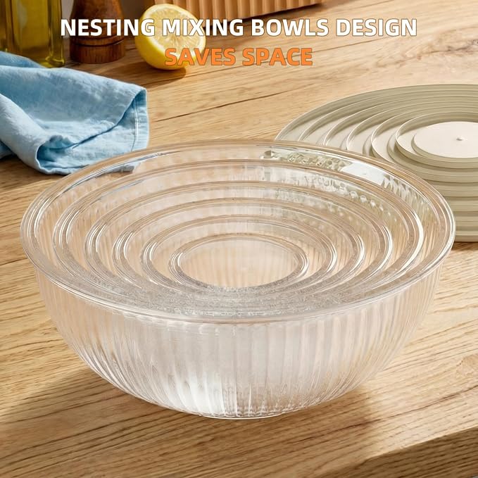 Glass Mixing Bowls with Lids Sets - 6 Packs Size: 5.9-3.7-2.1-1-0.5-0.2QT, Borosilicate Nesting Glass Bowls Containers for Baking,Salad,Meal Prep,Serving,Food Storage,BPA Free & Dishwasher Safe - Image 7