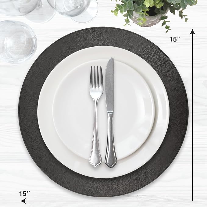 Morgan Faux Leather Round Set of 12 Placemats, 15", Black, Heat Resistant, Stain Resistant, Non-Slip, Reversible, Durable Table Mats for Kitchen, Dining Table, Indoor Washable Use - Image 3