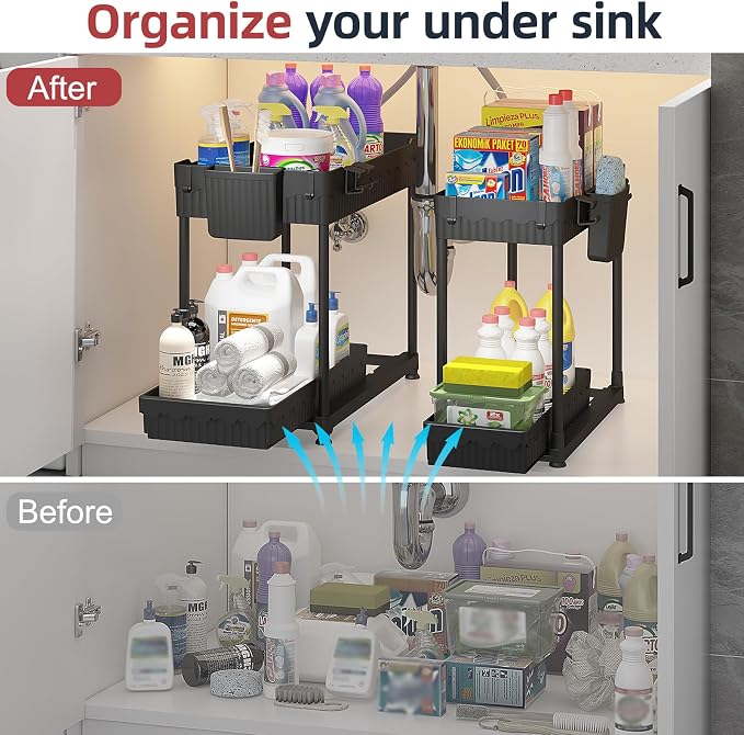 4-Pack 2-Tier Under Sink Organizer with Pull Out Drawers | Multi-use kitchen & bathroom storage. Includes hanging hooks and cups. Black, space-saving cabinet design. 14.8 Inch - Image 3