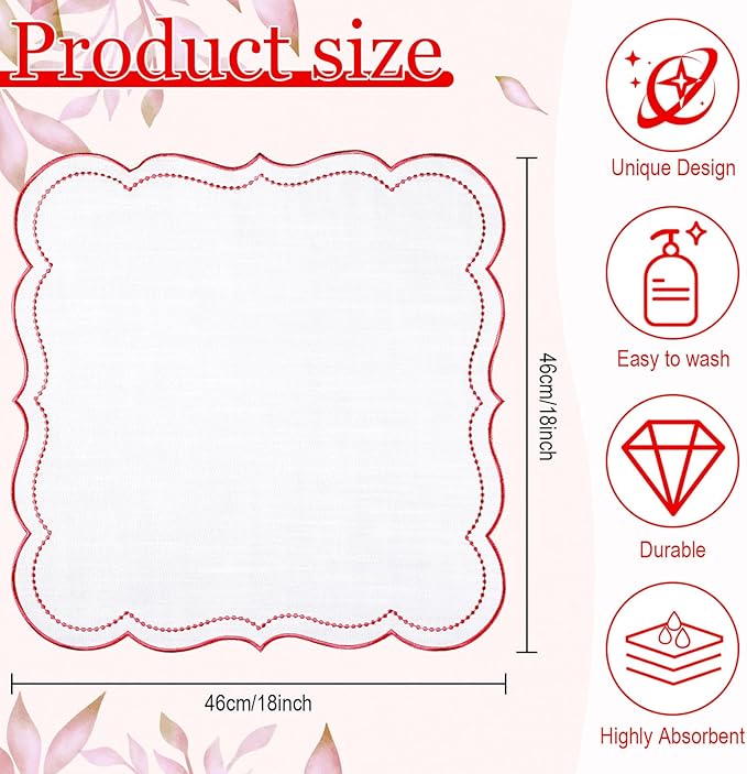 Hahafelt Cloth Napkins 18x18inches Scalloped Embroidery Cloth Napkins Washable Polyester Table Dinner for Hotel Restaurant Weddings Events Parties (Red,12 Set) - Image 2