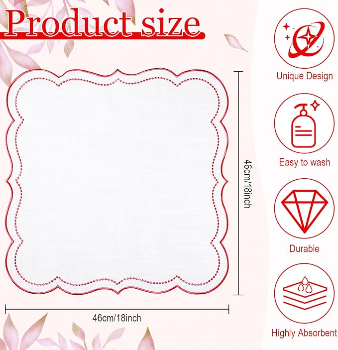 Hahafelt Cloth Napkins 18x18inches Scalloped Embroidery Cloth Napkins Washable Polyester Table Dinner for Hotel Restaurant Weddings Events Parties(Red,6 Set) - Image 2