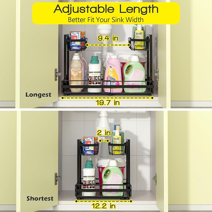 NADAMOO Expandable Under Sink Organizer, 2-Tier Pull Out Cabinet Organizer | Expandable Width, 3-Level Height Adjustment, Metal Storage Rack with 3 Slide Rails for Kitchen Bathroom Laundry, Black - Image 2