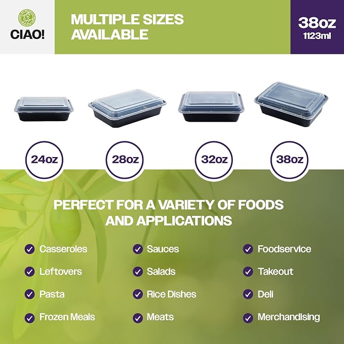 CIAO! Heavy Weight 38oz Injection Molded Microwavable Black Rectangular Food Container with Lid (150/case) - Image 5