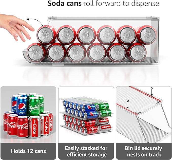Sorbus Soda Can Organizer for Refrigerator – Stackable Can Dispenser with Lid for Fridge, Pantry, or Freezer – Holds 12 Cans Each, BPA-Free Clear Drink Organizer (4-Pack) - Image 6