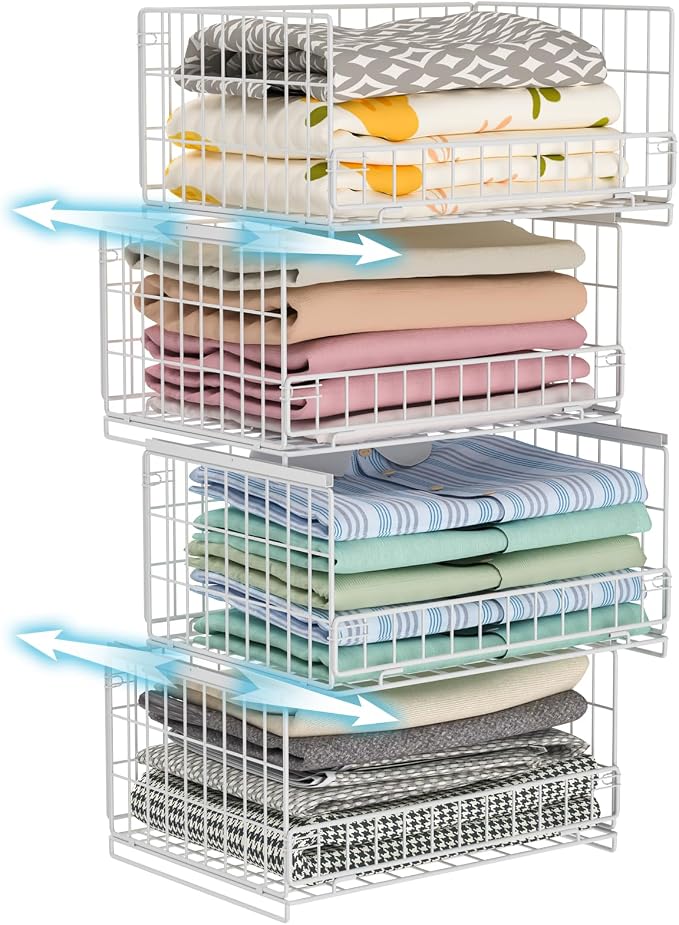 Hongtamoya 4-Tier Sliding Closet Organizers and Storage Shelves, Stackable Closet Shelf Organizer Basket Bins, Drawer Shelf Storage Container for Wardrobe Cupboard Kitchen Bathroom Office, White by Hongtamoya