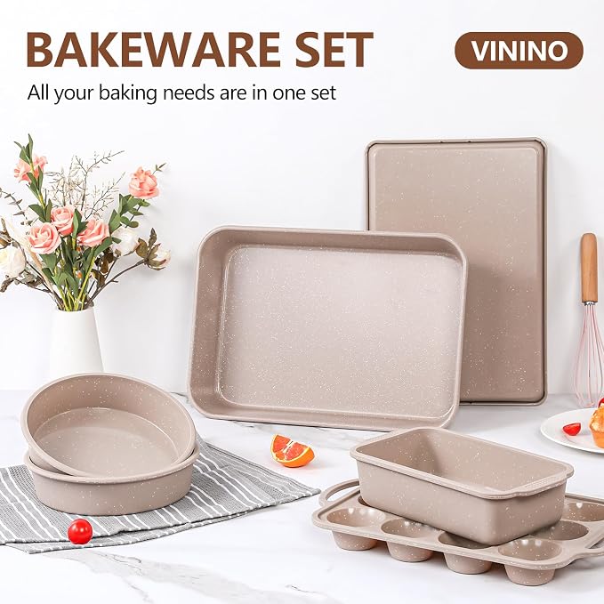 Vinino 6-Piece Baking Pans Set Nonstick, Bakeware Set includes Silicone Muffin, Loaf, Cake Pans with Metal Reinforced Frame. And includes Carbon Steel Roasting Pan, Cookie Sheet for Oven - Image 7