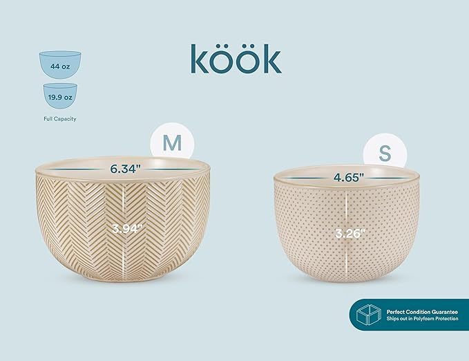KooK Ceramic Mixing Bowls, Nesting Set of 4, Embossed Kitchen Dishware, Prep, Serving, Gift, Microwave and Dishwasher Safe, 20/44/98/145 oz, Narbonne Collection (Almond) - Image 6