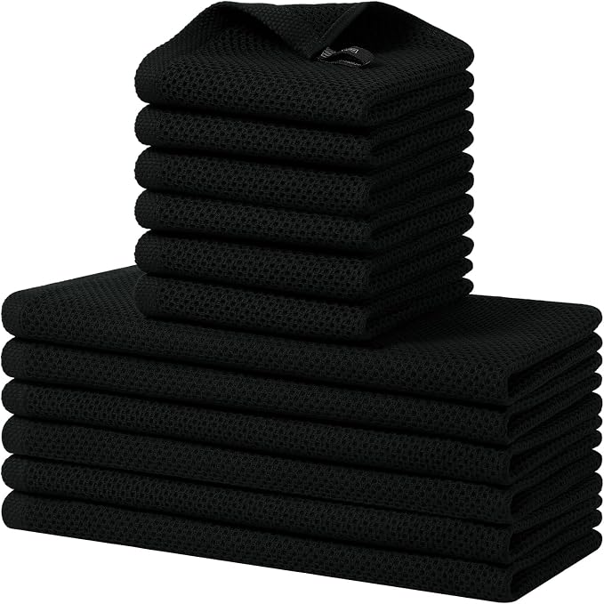 Homaxy 12 Pack 100% Cotton Kitchen Towels and Dishcloths Set, Black | 12 x 12 Inches and 13 x 28 Inches Kitchen Towels Set, Ultra Soft Absorbent Dish Cloths for Washing Dishes by Homaxy