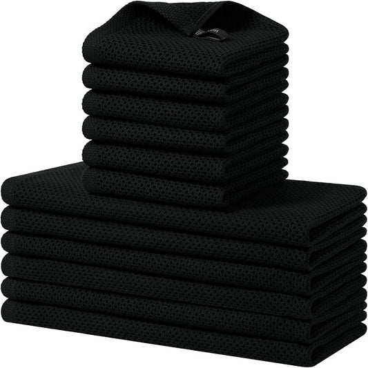 Homaxy 12 Pack 100% Cotton Kitchen Towels and Dishcloths Set, Black | 12 x 12 Inches and 13 x 28 Inches Kitchen Towels Set, Ultra Soft Absorbent Dish Cloths for Washing Dishes by Homaxy